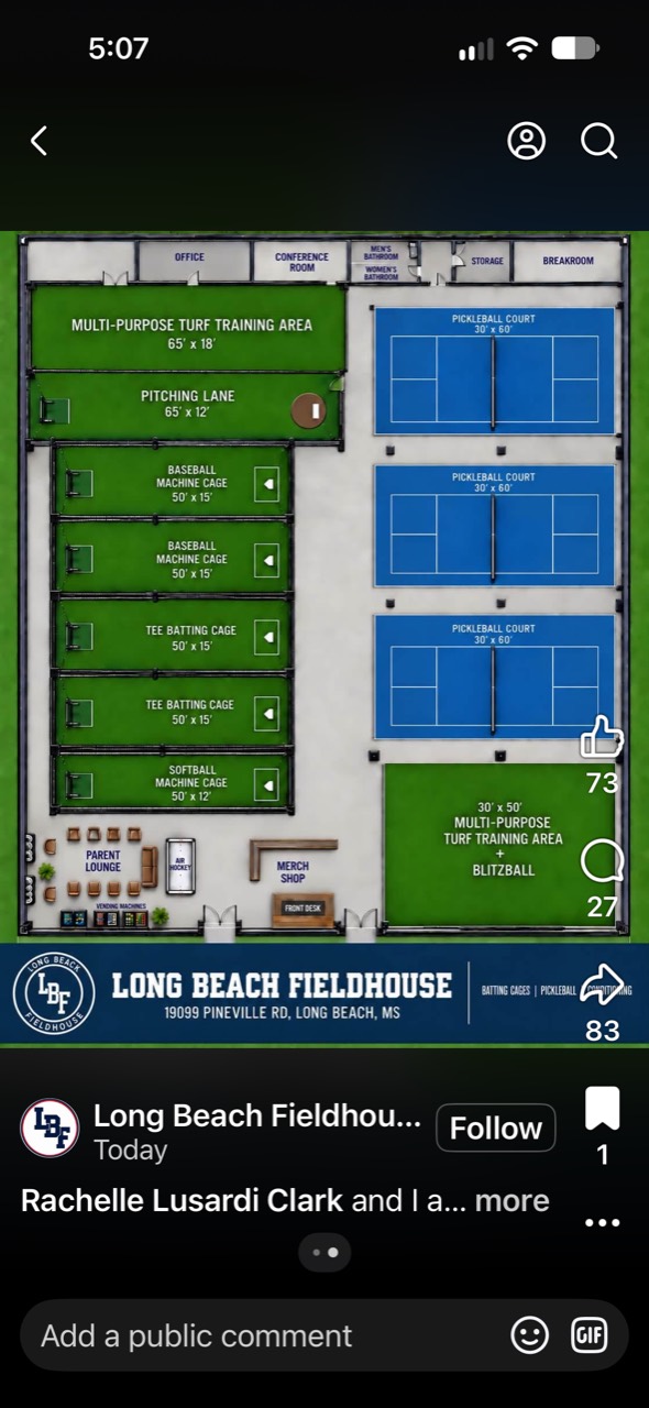 Proposed floor plan: batting and pitching areas on the left, three pickleball courts on the right, and turf and lounge areas.